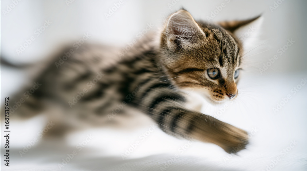 Fototapeta premium A tabby kitten crouches low to the ground preparing to pounce on its unseen prey