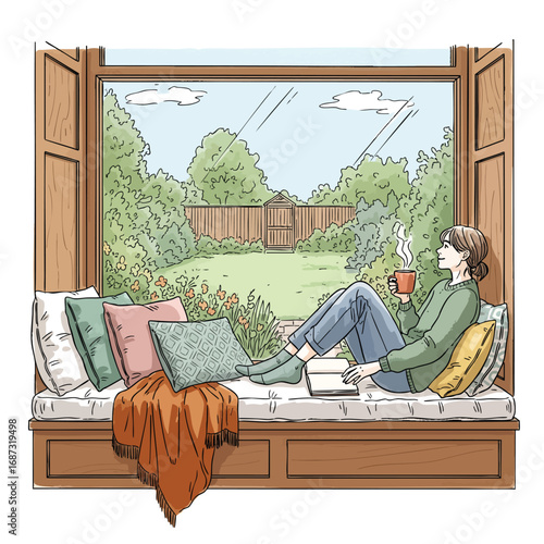 A woman peacefully relaxing on a cozy window seat reading a book and holding a warm mug.