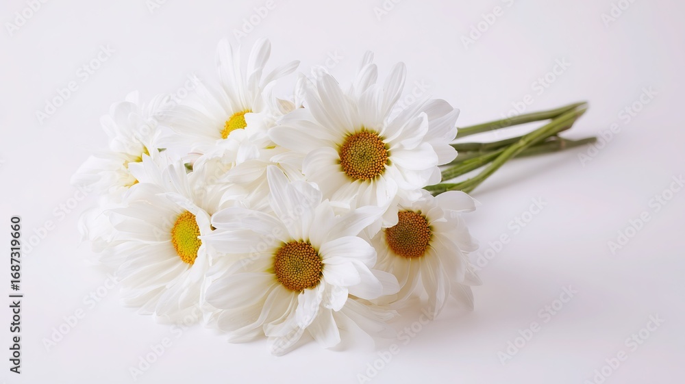 Fototapeta premium Simple white daisy bouquet on pure white background, professional studio photography with soft shadow