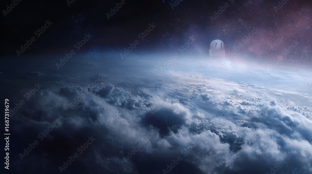 Obraz premium Futuristic observatory on a planet s atmosphere with cosmic stars and nebula