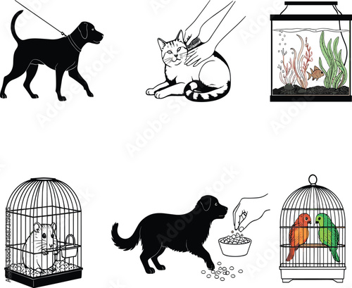 Pet care icons, dog walking, cat interaction, fish tank, hamster cage, bird enclosure, animal feeding, home pets, silhouette set