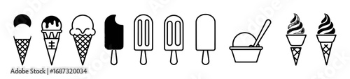A Collection of Ice Cream Icons: Cones, Popsicles, and Bowls