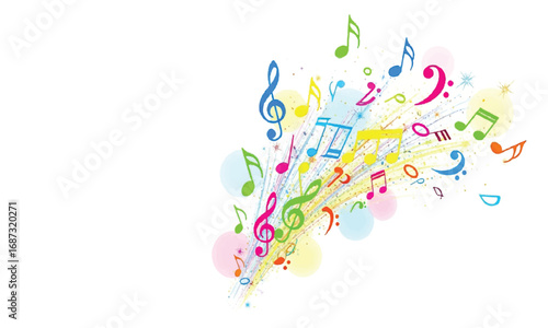 Colorful musical notes illustration on a white background, decorative design element.