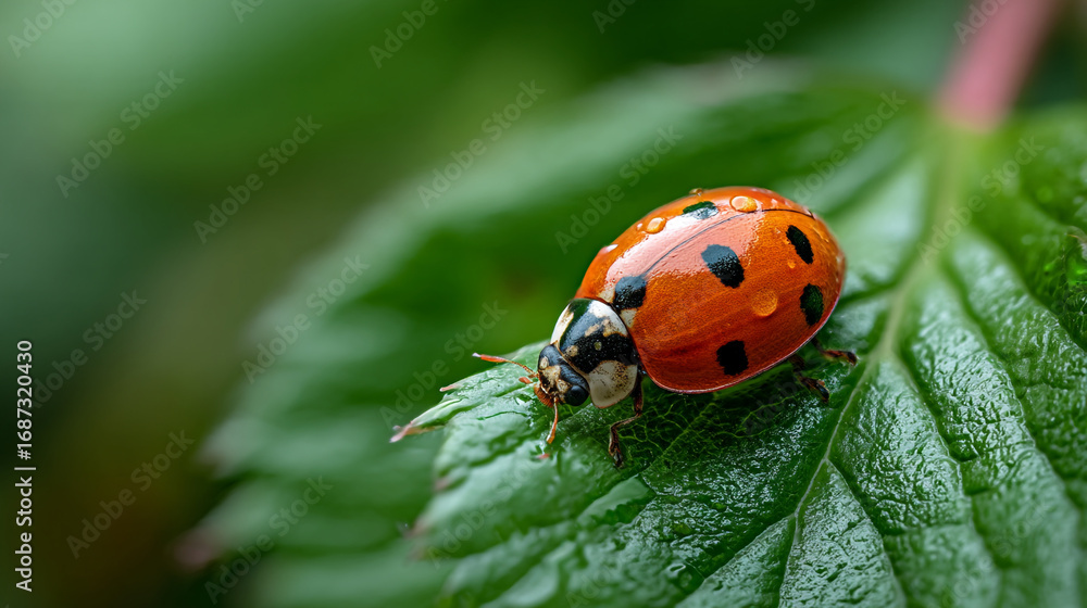 Fototapeta premium Close up of a ladybug with water droplets on its shell sitting on a green leaf