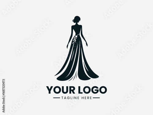Elegant woman in flowing gown vector logo design with floral decoration