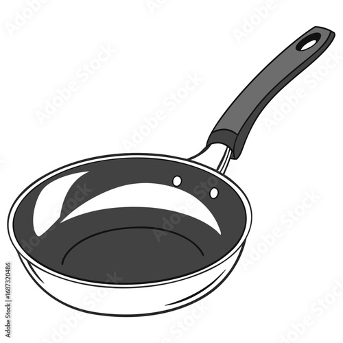 A simple cartoon illustration of a black frying pan with a gray handle on a white background