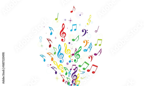 Colorful musical notes scattered on a white background, design element