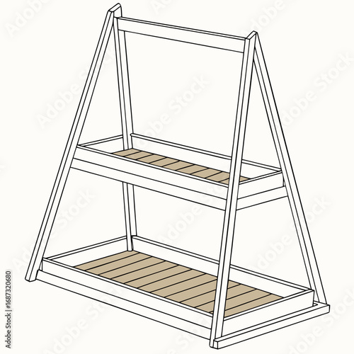 A simple two tiered wooden a frame display shelf with slatted platforms on a white background