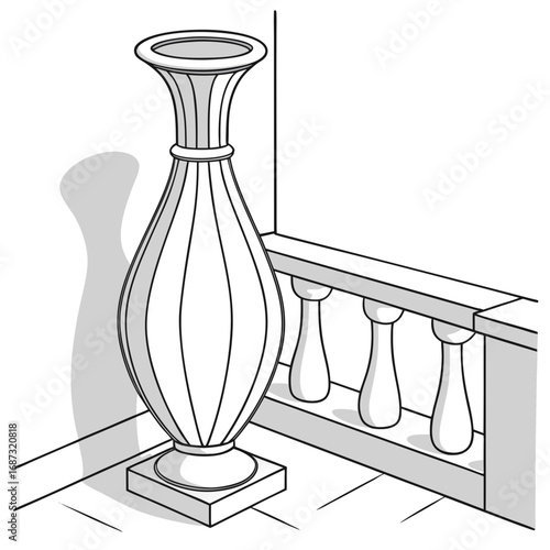 Elegant classical urn with decorative balustrade and shadow on a white background