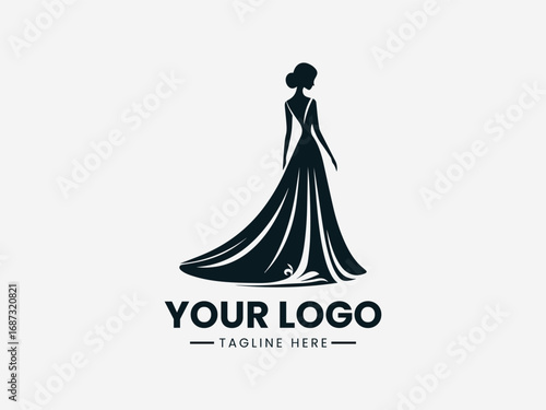 Elegant woman in flowing gown vector logo design with floral decoration