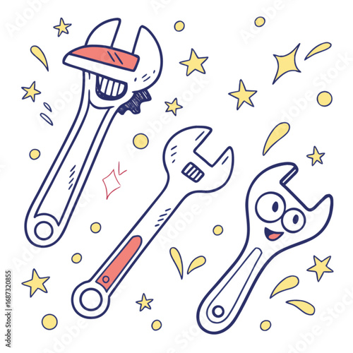 Playful doodle illustration of three cartoon wrenches, including an anthropomorphic spanner with a happy face.