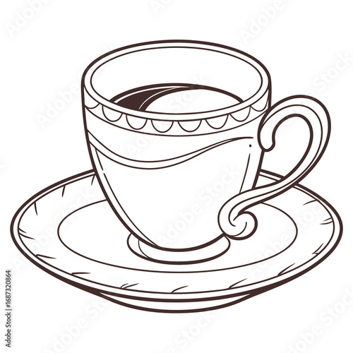 Elegant line art illustration of a classic teacup and saucer filled with dark liquid on a white background