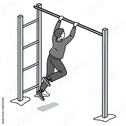 Person performing pull ups on a horizontal bar at an outdoor gym with a ladder nearby