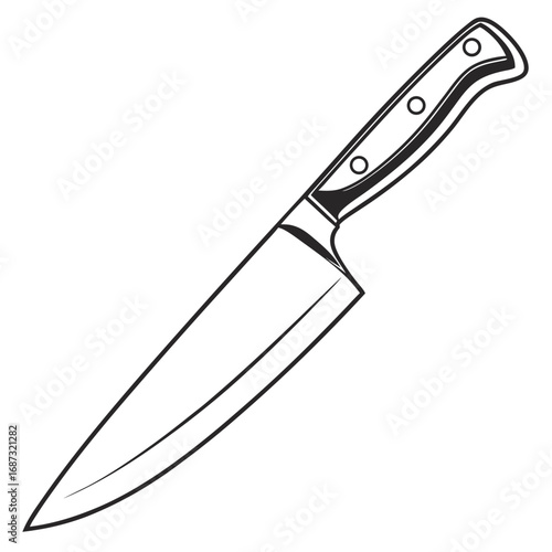 Sharp chef knife with riveted handle isolated on white background vector illustration