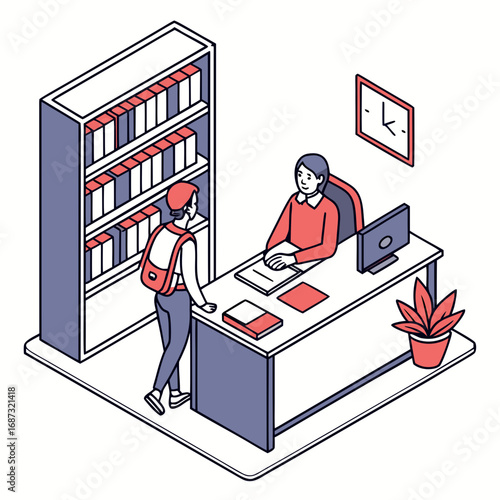 Student with backpack talking to librarian or teacher at desk in library with books and clock