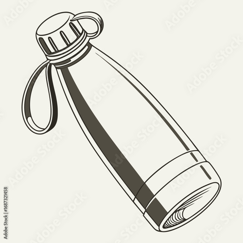 Stylized illustration of a reusable stainless steel water bottle with a cap and carrying loop