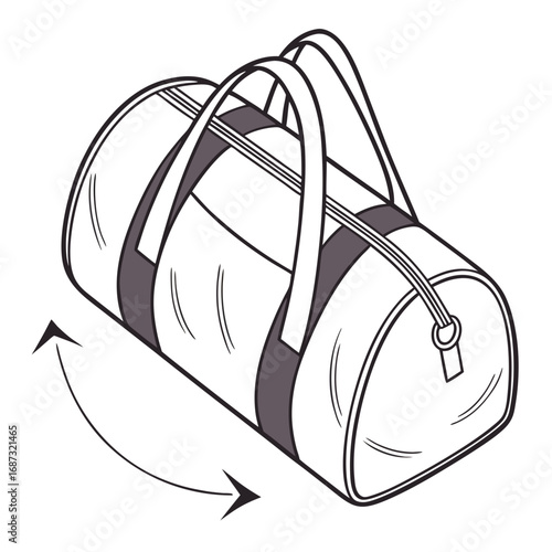 Stylized illustration of a duffel bag with handles and a zipper indicating a circular motion or rotation