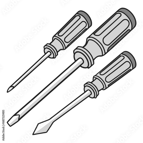 Three different types of screwdrivers with gray handles and metal shafts shown from an isometric perspective