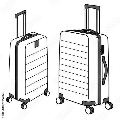 Two modern white rolling suitcases with retractable handles and striped designs on a white background