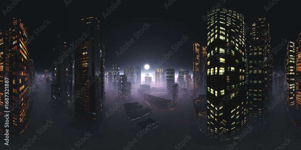 Fototapeta premium Night city, Cityscape, HDRI, environment map , Round panorama, spherical panorama, equidistant projection, panorama 360, 3D rendering