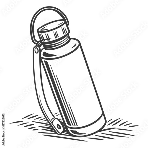 Vintage style hand drawn illustration of a metal water bottle with a looped handle and screw cap on a white background