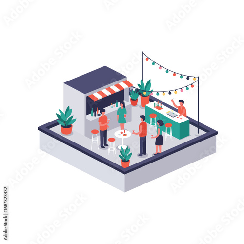 Rooftop party with bar and people