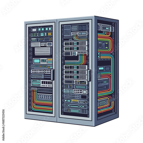 Illustrated Network Server Rack with Colorful Cables
