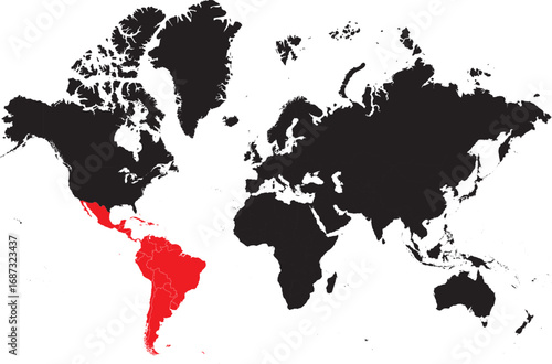 Latin America Highlighted on World Map Silhouette Editable High Detail