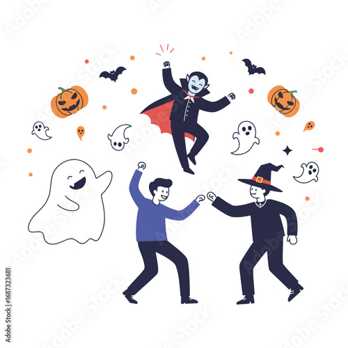 Halloween party with dancing figures ghosts bats and pumpkins