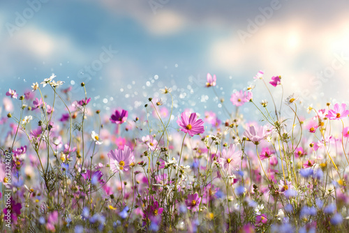 Vibrant wildflowers bloom in a sunny field under a bright sky