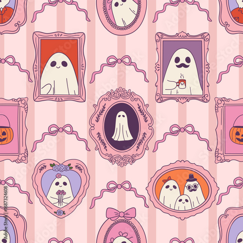 Ghost family portraits in ornate victorian frames hanging on a striped wall. Cute paranormal background in coquette design. Seamless pattern with bizarre spirits. Hand drawn vector