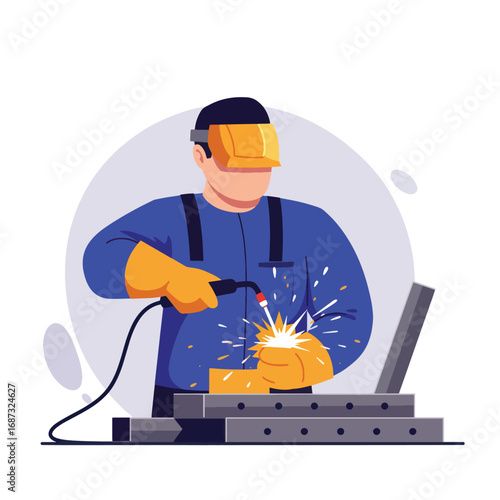 Welder in blue suit and yellow gloves sparks metal