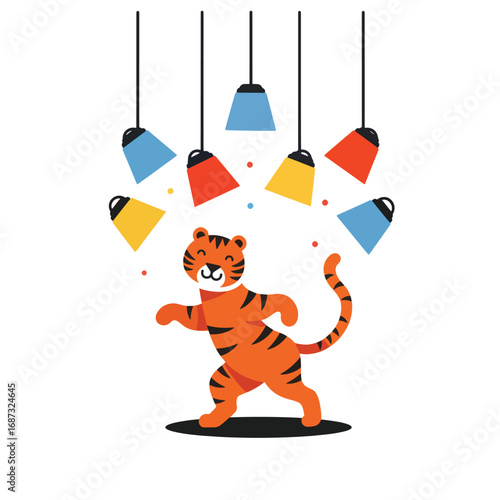 Orange tiger juggling colorful lamps against a white background