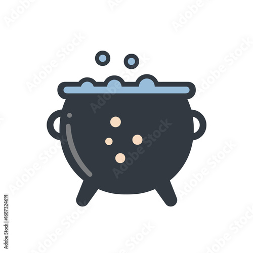 A dark blue cauldron with a light blue rim emitting blue bubbles rests on three legs