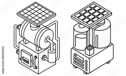 Isometric Line Art of Solar Powered Energy and Water Systems