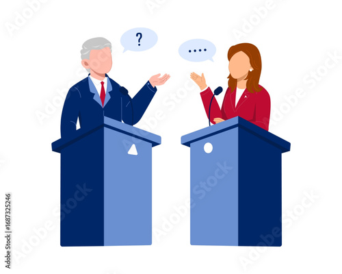 Political candidates engaging in a public election debate, presenting opposing viewpoints from their podiums during a campaign