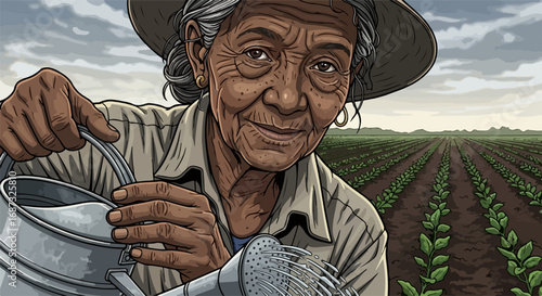 Senior woman farmer watering crops, portraying diligent care and dedication to land. With watering crops she shows an appreciation for nature's bounty and sustainability.