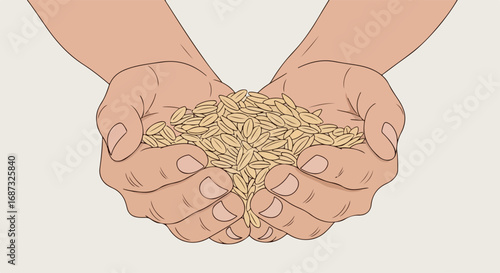 Hands cupped together, holding pile of organic grains, symbolizing abundance and harvest, representing rectangular grid design concept. Useful for agriculture, nourishment, or food security themes.