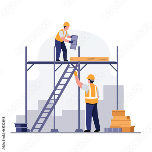 Construction workers on scaffolding building structure