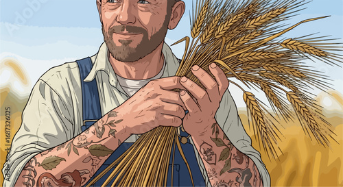 Farmer holding wheat stalks in field.  Man with tattoos examines ripe grain harvest.  Golden wheat symbolizes abundance and prosperity. This image is perfect for agricultural publications,