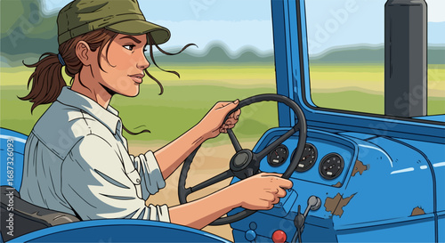 Woman driving blue tractor on farm. Farming woman driving vintage tractor across field.  Agricultural illustration perfect for farming magazines, blogs and websites.
