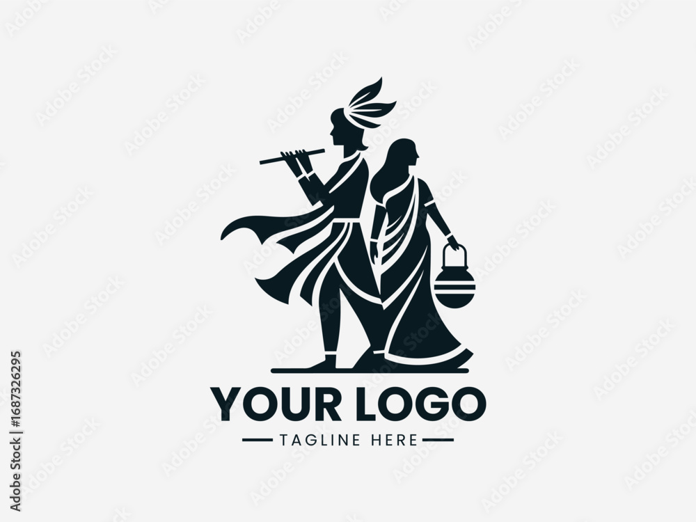 Fototapeta premium Traditional couple silhouette vector logo with man playing flute and woman holding pot