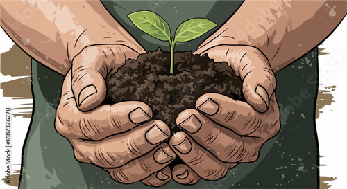 Seedling in hands presents new life and symbolizes growth, held against white backdrop. Concept of new life is depicted by seedling in hands with fresh soil.