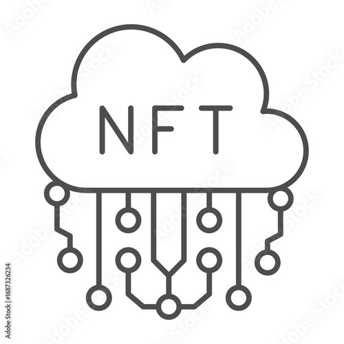 Non fungible token in cloud thin line icon, NFT multiverse concept. Vector graphics. Cloud storage and electronic connection sign on white background, outline style icon for mobile or web design.
