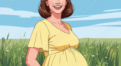 Smiling pregnant woman in yellow dress on a field. This happy pregnant woman enjoys her time in nature, feeling joyful and serene.