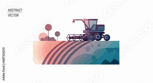 Farming equipment on abstract field. Farming equipment features combine harvester in contemporary geometrical field illustration, symbolizing agriculture and rural economy.