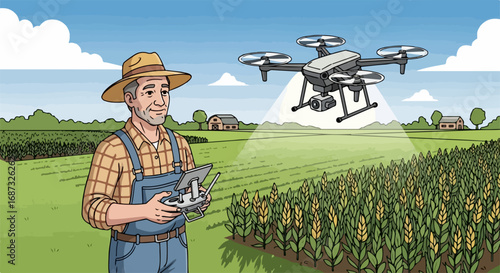 Cartoon farmer operating drone over his cultivated field, using technology for modern agriculture practices. Farmer with drone checks crop health for data-driven farming in rural areas.