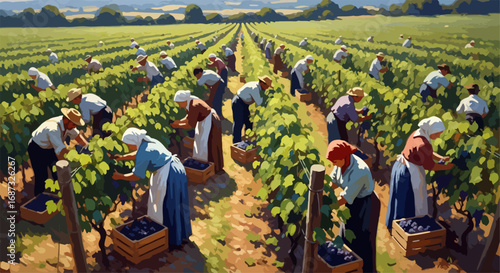 Vineyard workers harvesting grapes in summer sunlight, collecting ripe grapes for upcoming season. Workers in vineyard are carefully picking delicious grape bunches, ensuring quality and yield.