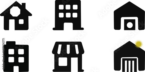 Buildings different icons set. building with roof doodle hand drawn icon set.Outline drawing house building with roof line clipart symbol collection, Group of object. building icons set