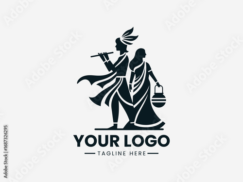 Traditional couple silhouette vector logo with man playing flute and woman holding pot